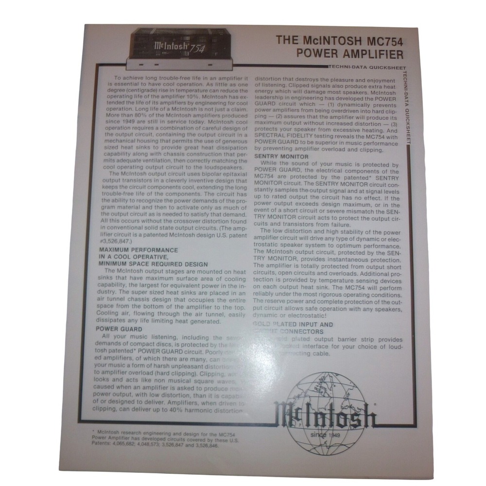 Vintage McIntosh MC754 Power Amplifier Techni-Data Quicksheet Specifications